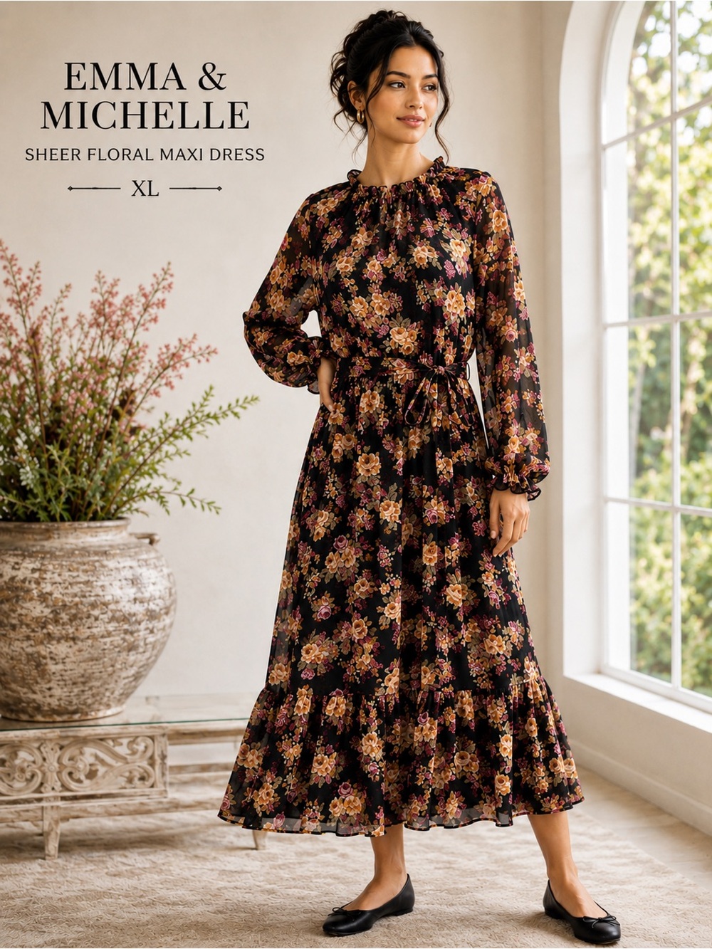 Emma & Michelle Sheer Floral Maxi Dress XL Long Sleeve Tie Waist Cottagecore